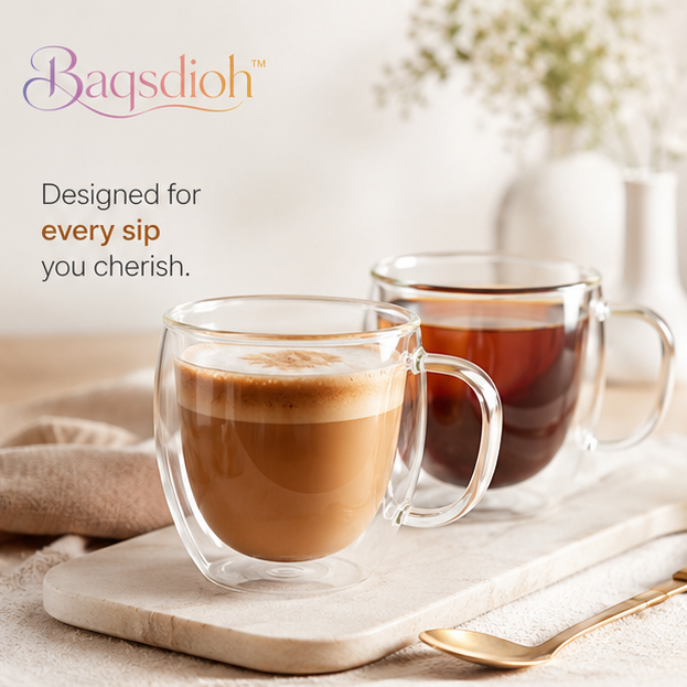 Baqsdioh™ Double-Wall Glass Coffee Mug Set for Latte, Cappuccino & Tea