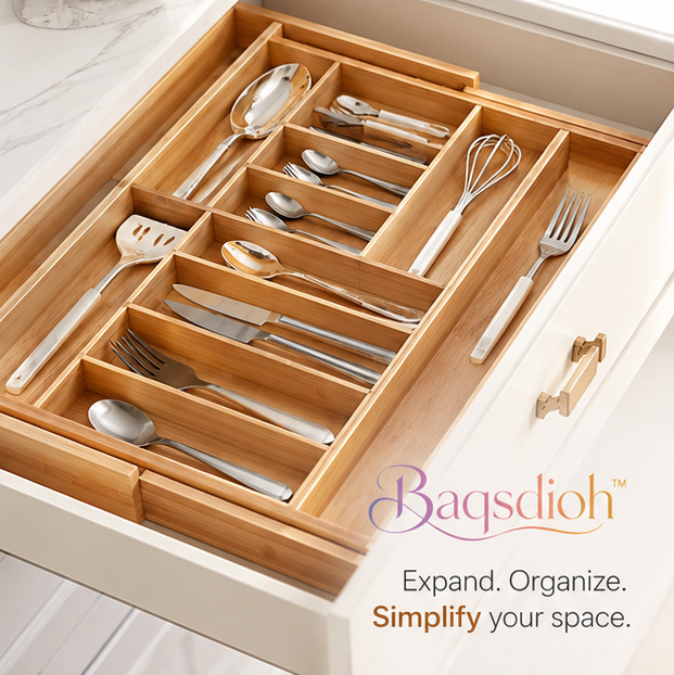 Baqsdioh™ Bamboo Expandable Drawer Organizer for Kitchen Utensils & Flatware