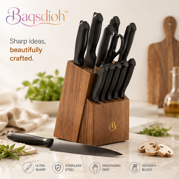 Baqsdioh™ Matte Black Kitchen Knife Set with Wooden Storage Block