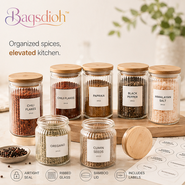 Baqsdioh™ Ribbed Glass Spice Jar Set with Bamboo Lids & Label Stickers