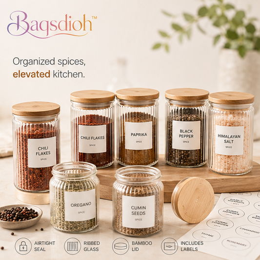 Baqsdioh™ Ribbed Glass Spice Jar Set with Bamboo Lids & Label Stickers