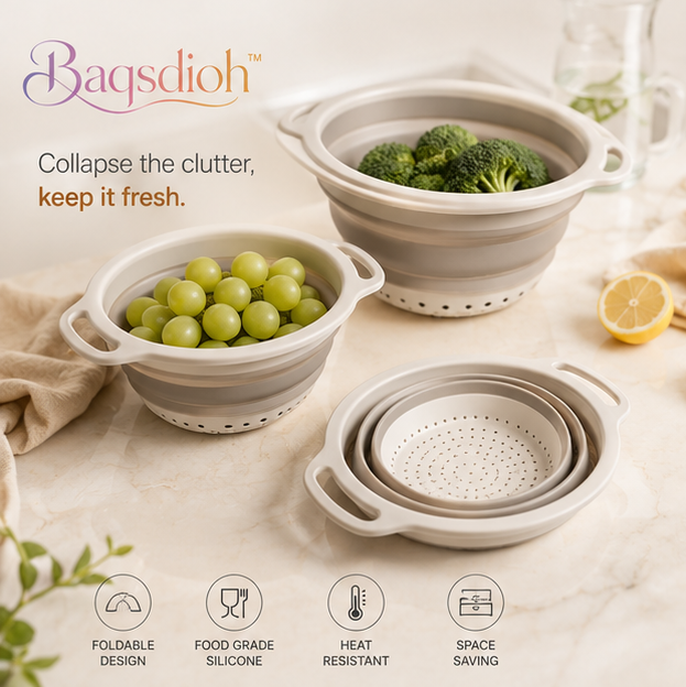 Baqsdioh™ Foldable Silicone Colander Set for Fruits, Pasta & Vegetables
