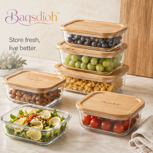 Baqsdioh™ Glass Food Storage Container Set with Airtight Bamboo Lids
